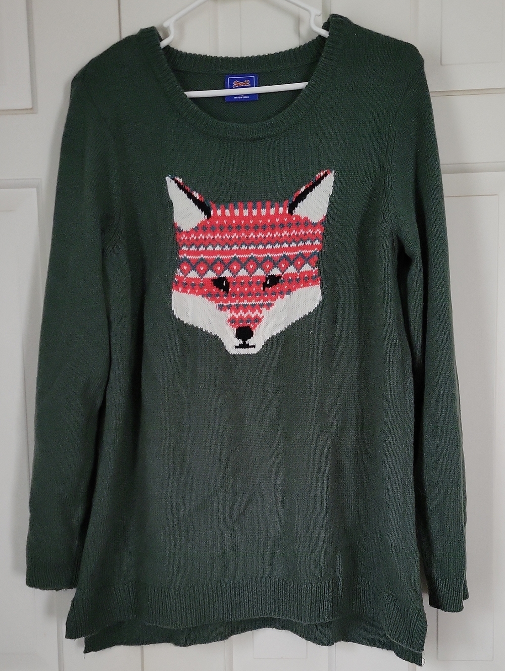 Le Tigre Womens Dark Green Crewneck Sweater with Pink & White Fox Motif Sz Xl
